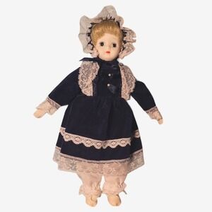 Vintage Porcelain Doll 12” Blonde Hair Blue Velvet Dress Bonnet Booties Repaired